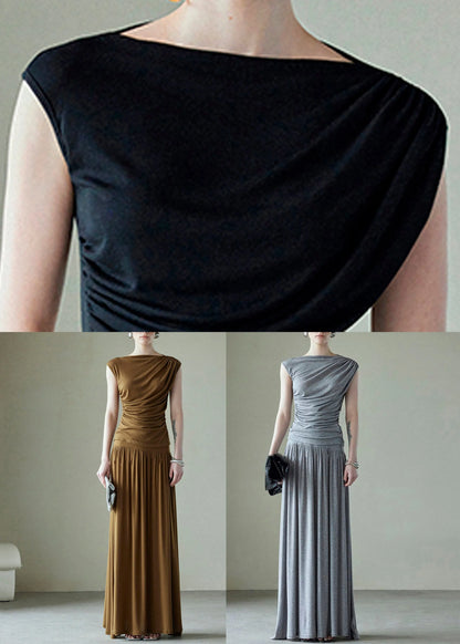 Simple Brown Original Design Wrinkled Cotton Two Pieces Set Summer