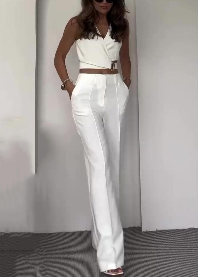 New White V Neck Pockets Cotton Two Pieces Set Sleeveless