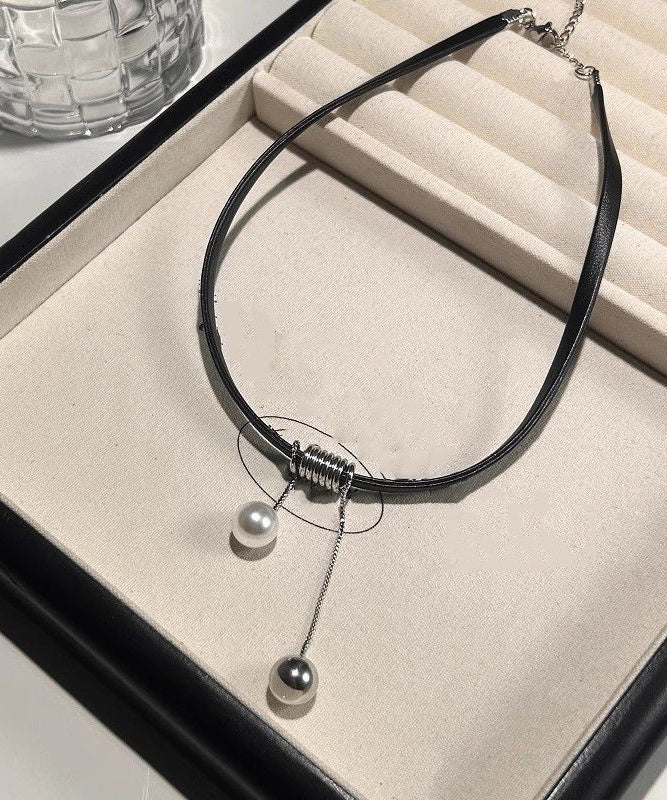 Handmade Black Leather Pearl Pendant Necklace
