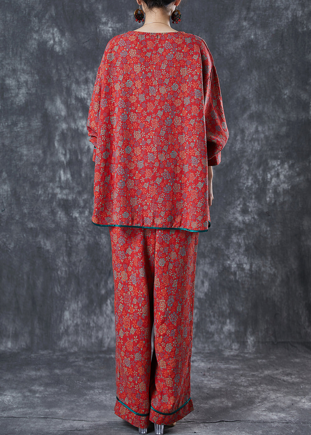 Italian Red Print Chinese Button Cotton Two-piece Set Spring