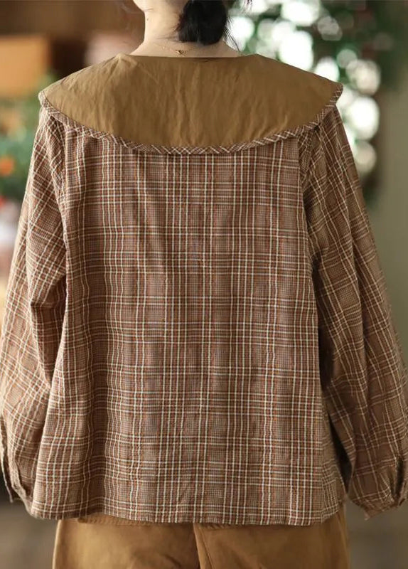 Art Green Plaid Embroidered Cotton Blouses Spring