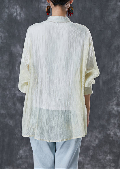 Light Yellow Mandarin Collar Chinese Button Wrinkled Cotton Shirt Fall