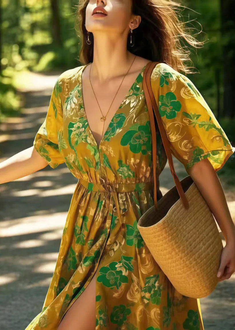 Art Khaki Print Cotton Vacation Dress Side Open Summer