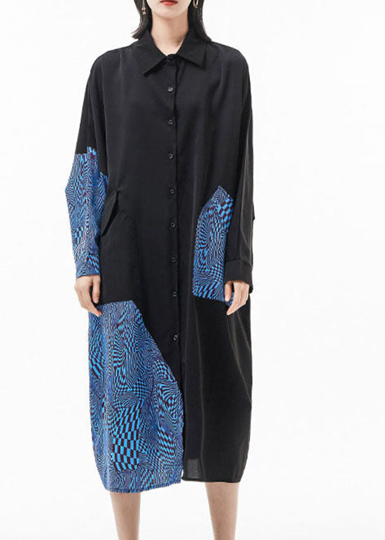 Blue Peter Pan Collar Batwing Sleeve Patchwork Silk Shirt Dresses