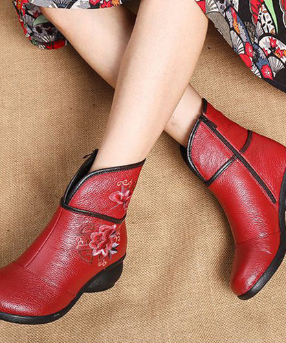 Red Warm Fleece Boots Chunky Cowhide Leather Embroidery