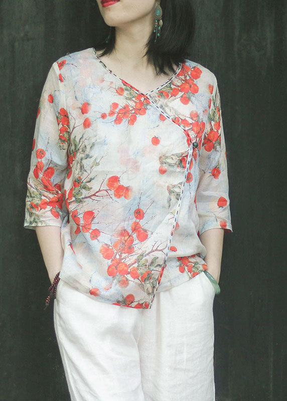 Slim Fit Light Green Button V Neck Linen Tops Three Quarter Sleeve