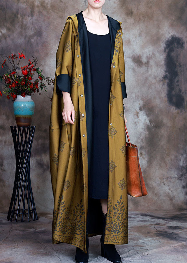 Yellow Hooded Print Satin Trench Coats Spring