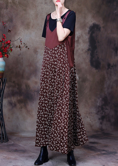 Fitted Chocolate Patchwork Print Chiffon Strap Dress and Cotton Tank Two Piece Set Outfits Summer