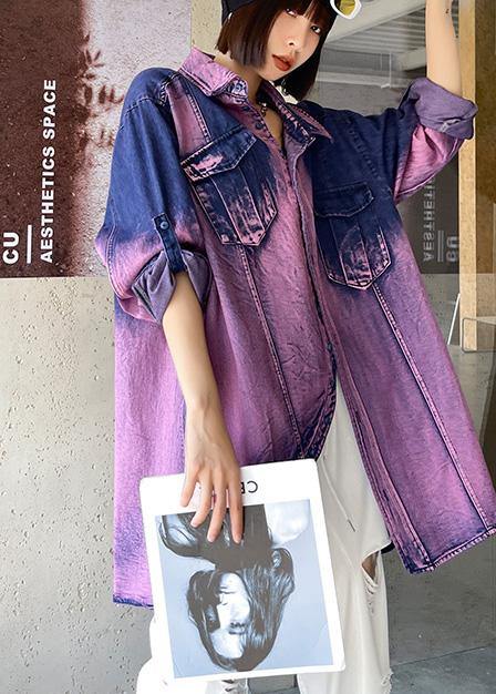 Classy Tie Dye Purple Asymmetrical Design Cotton Long Sleeve Spring Shirt