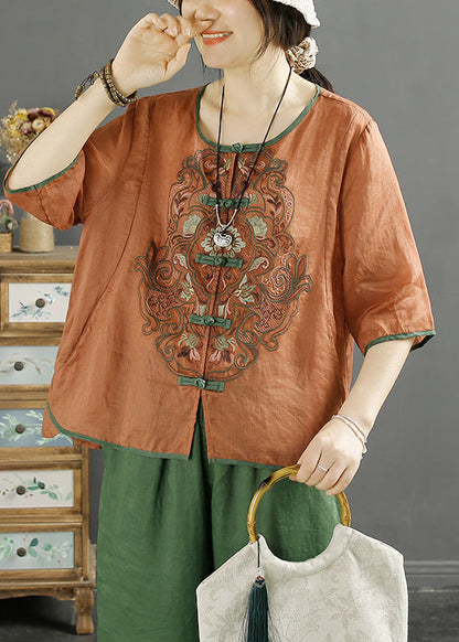 Orange Retro Linen Shirt Embroideried Chinese Button Summer