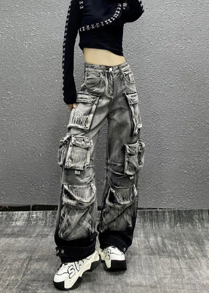 Gray Black Multi Pocket Denim Pants Autumn