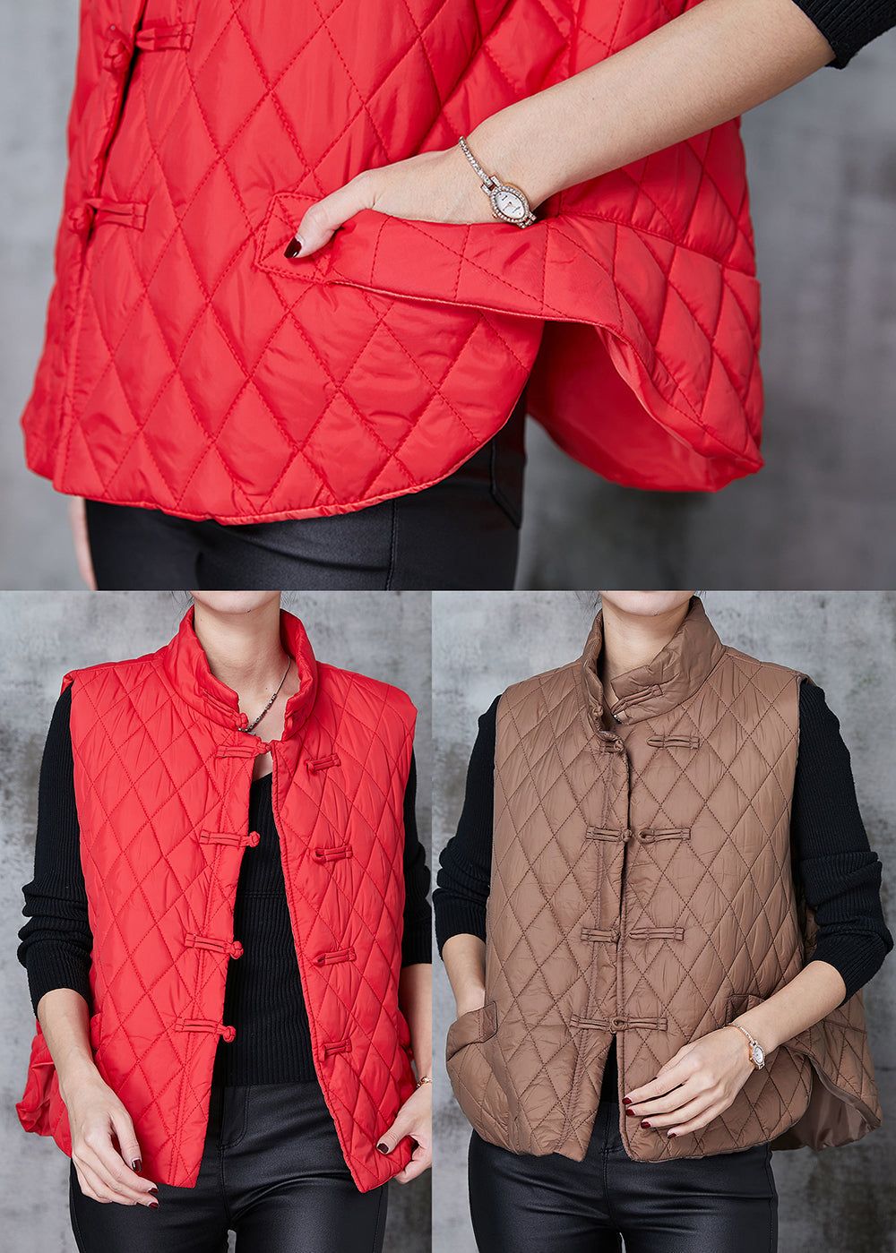 Coffee Chinese Button Duck Down Down Vests Spring