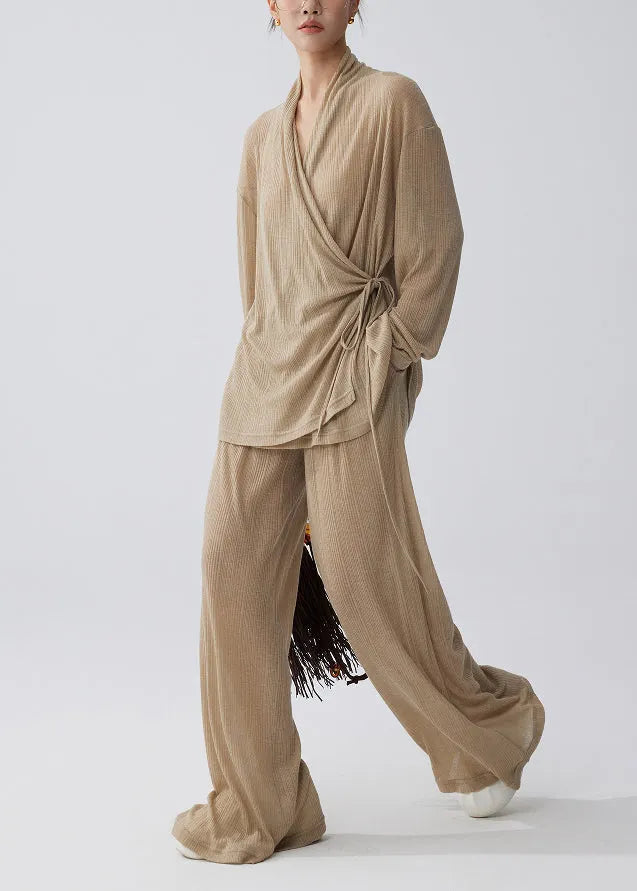Coffee Tie Waist Side Knit Two Pieces Set Summer