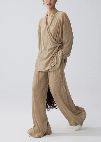 Coffee Tie Waist Side Knit Two Pieces Set Summer