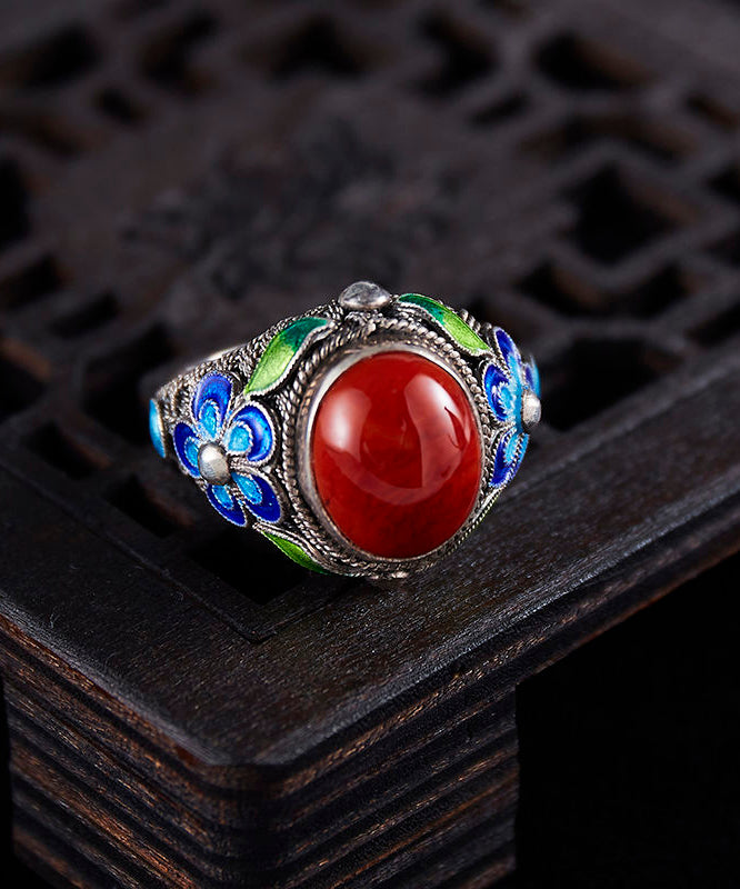 Retro Red Sterling Silver Agate Cloisonne Rings
