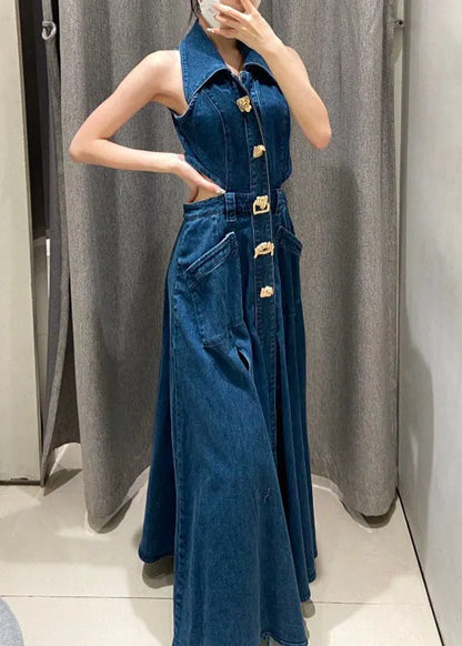 Blue Peter Pan Collar Patchwork Pockets Hollow Out Denim Long Dresses Summer