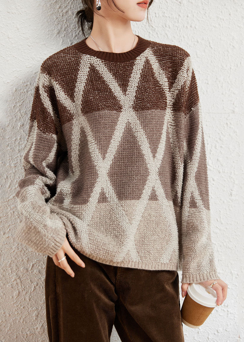 Art Purple O-neck Plaid Patchwork Wool Knit Sweaters Long Sleeve