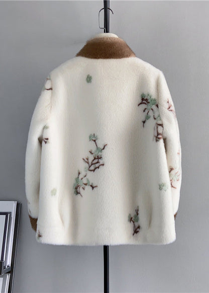 Beige Stand Collar Tasseled Embroideried Mink Cashmere Jackets Winter