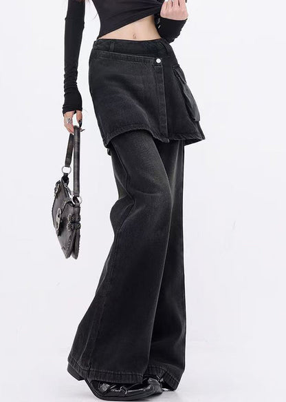 Modern Black False Two Pieces Patchwork Denim Flared Trousers Spring