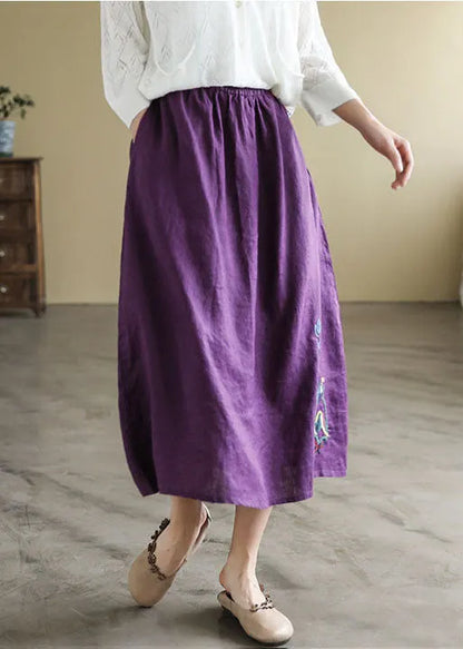 Black Elastic Waist Embroideried Linen a Line Skirts Spring
