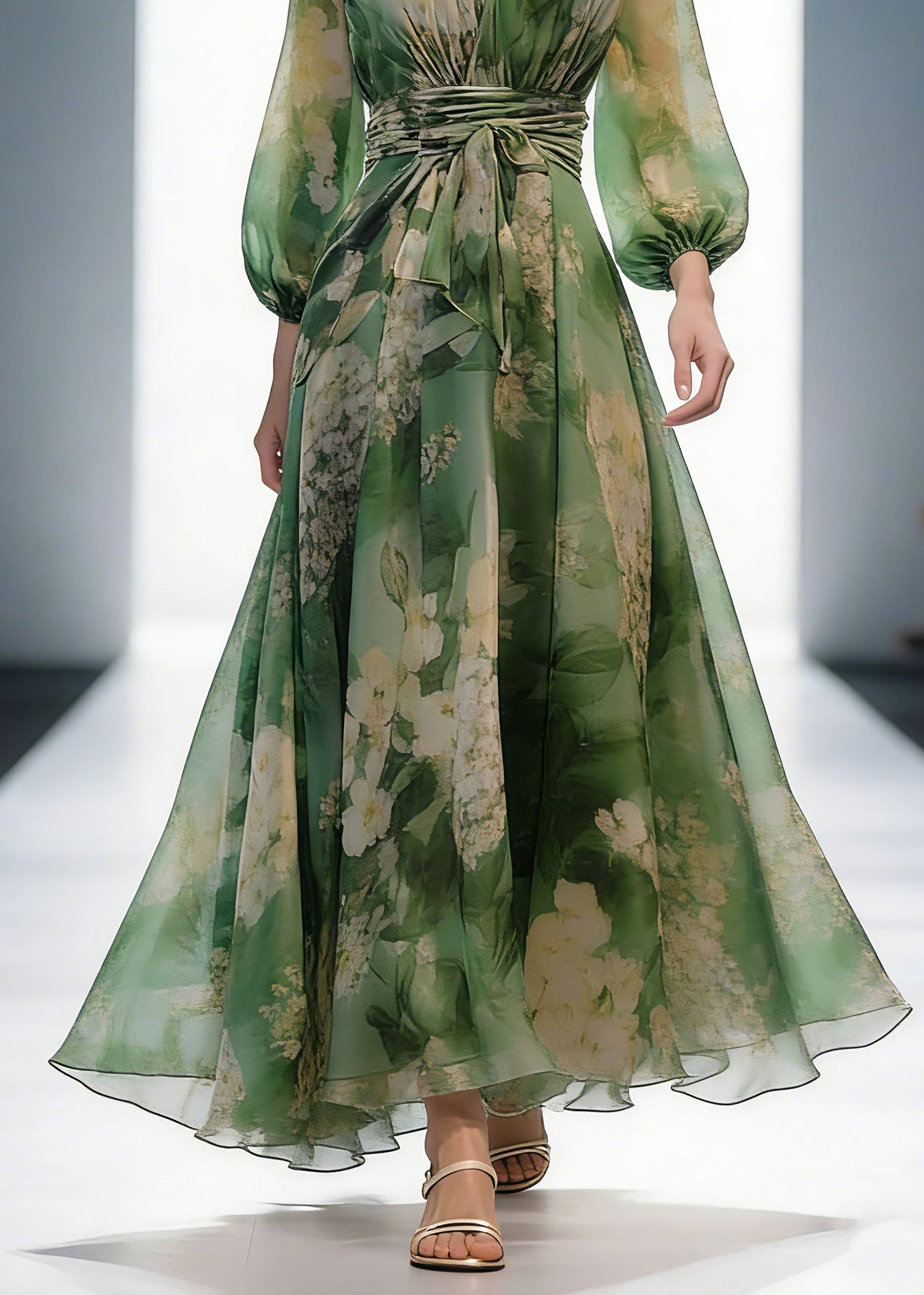 French Green V Neck Print High Waist Chiffon Dresses Long Sleeve Spring