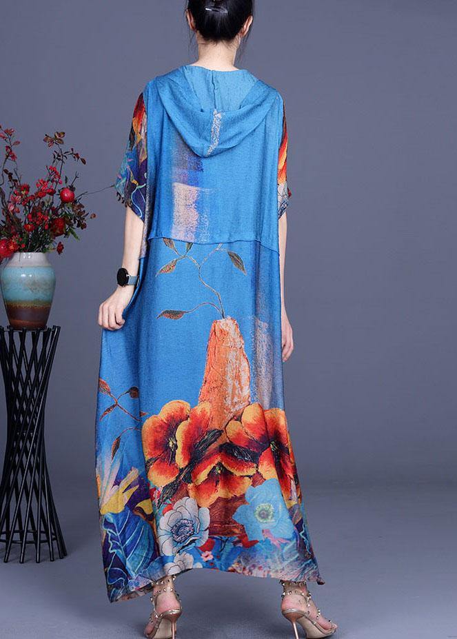 Simple Blue Print Hooded Patchwork Silk Ankle Dress Summer
