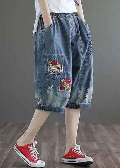 Denim Blue Hole Embroideried Pockets Cotton Harem Pants Summer