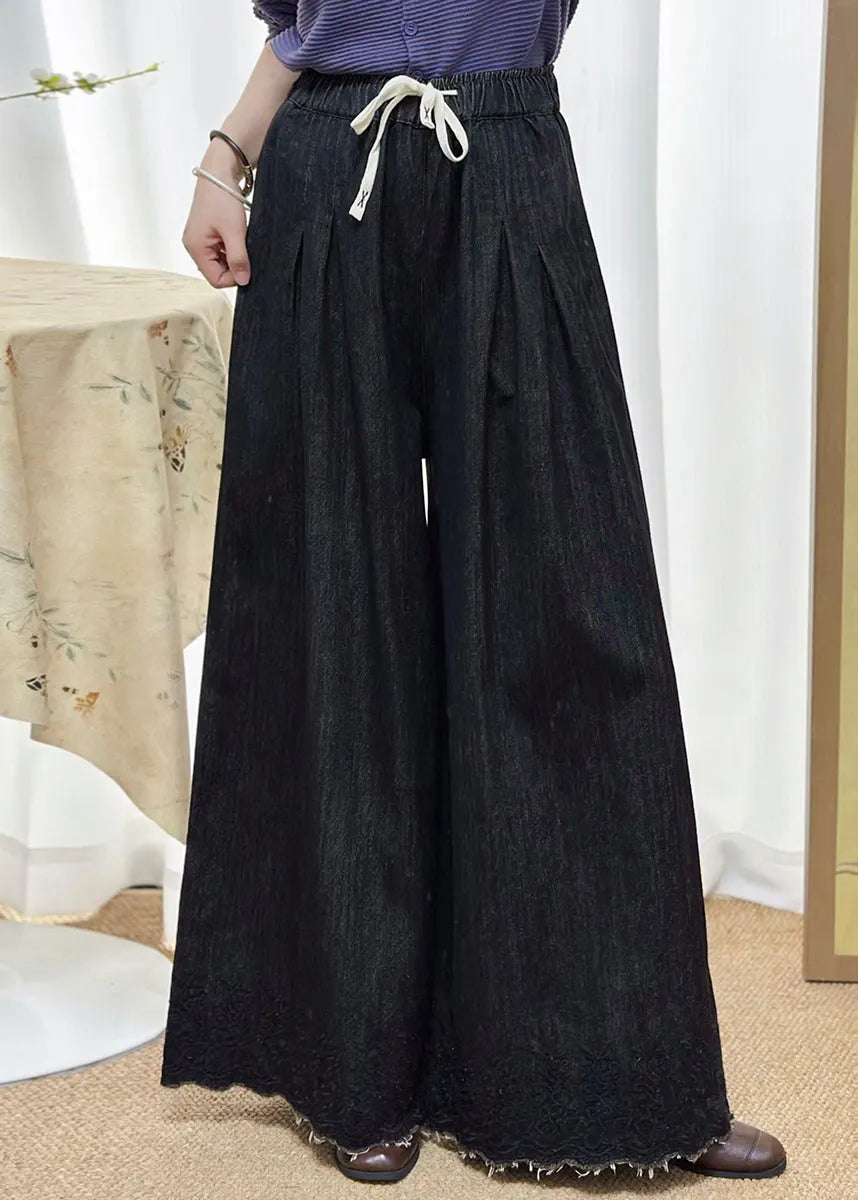 Black Pockets Elastic Waist Denim Wide Leg Pants Fall