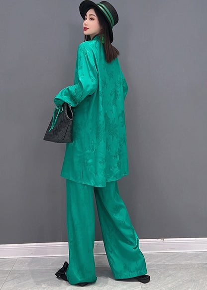 Green Stand Collar Jacquard Silk Sets 2 Pieces Long Sleeve Fall