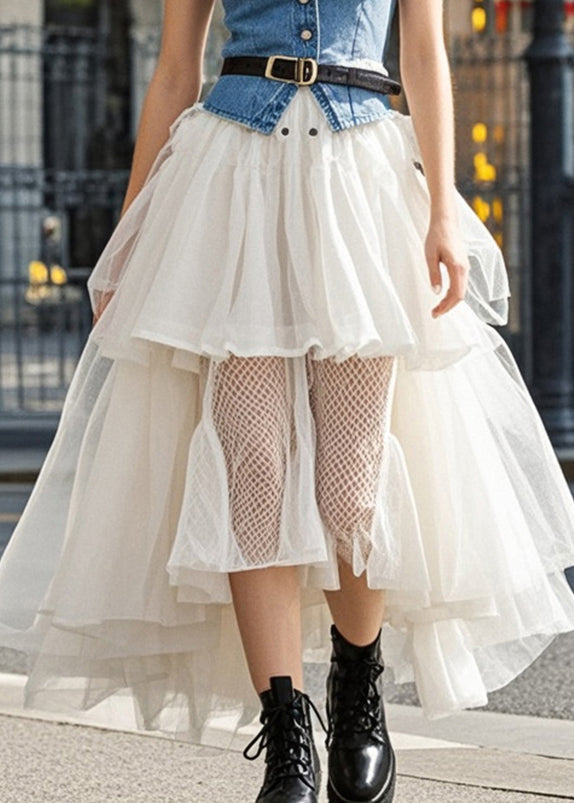 Classy White Asymmetrical Layered Tulle a Line Skirts Spring