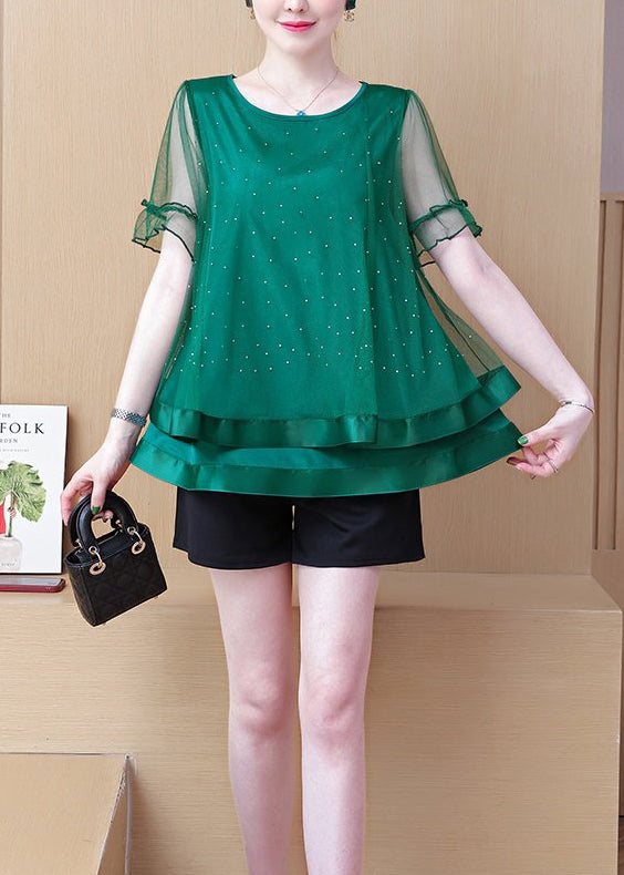 Khaki O Neck Ruffled Patchwork Tulle Two Pieces Set Summer