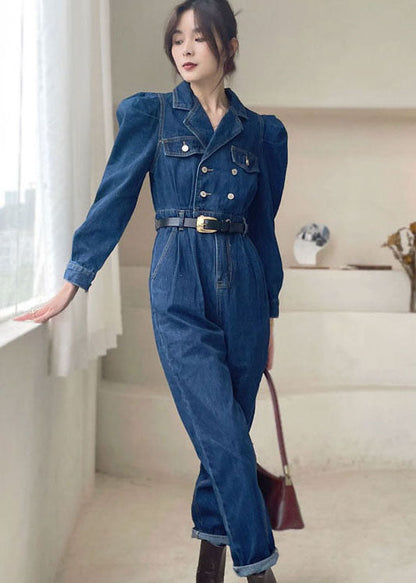 Dark Blue Puff Sleeve Denim Jumpsuit Spring