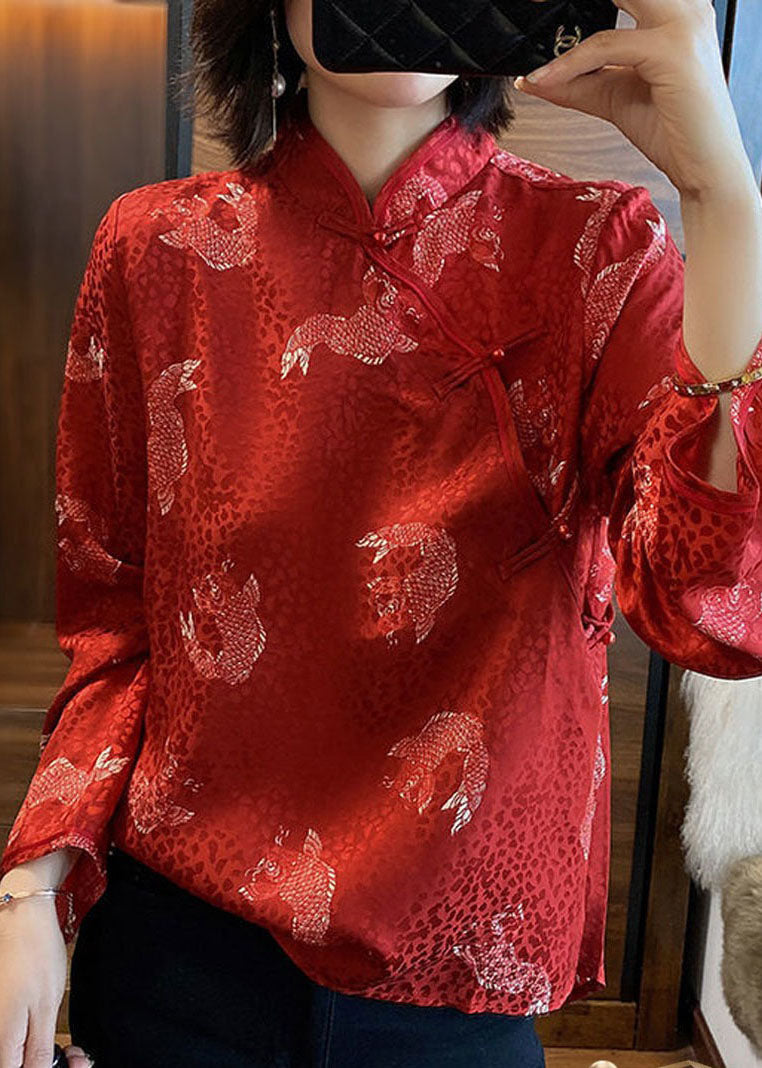French Red Stand Collar Button Print Chiffon Blouse Tops Spring