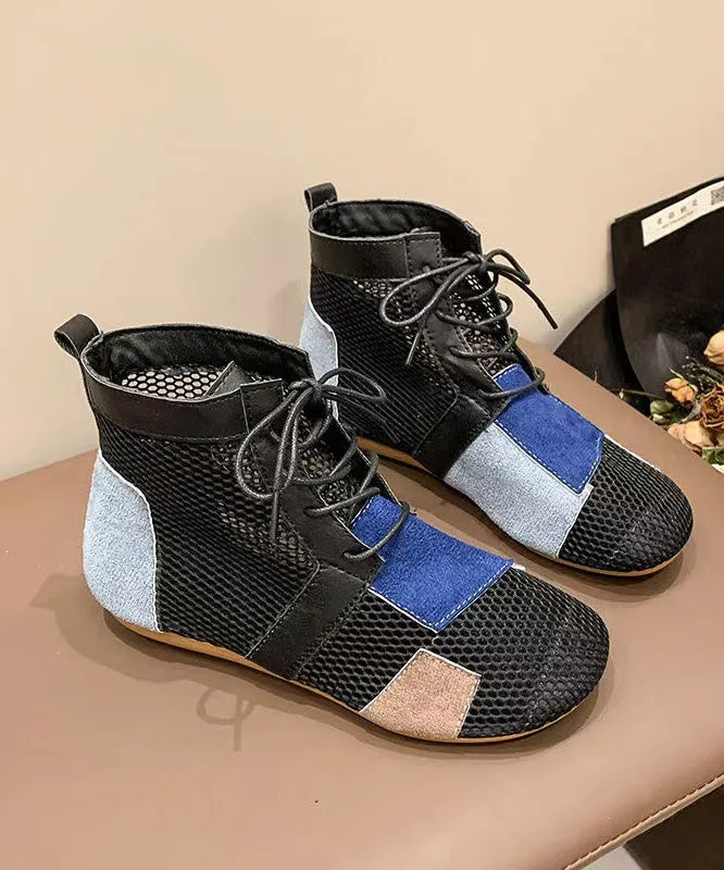 Black Lace Up Breathable Mesh Unique Splicing Boots