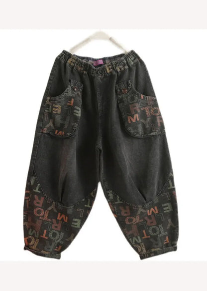 Black Pockets Graphic Print Denim Harem Pants Spring