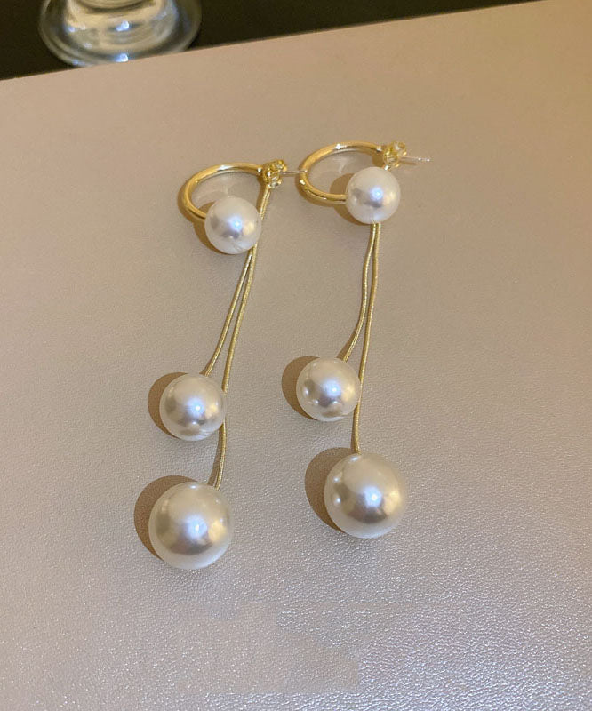 White Copper Pearl Tassel Drop Earrings