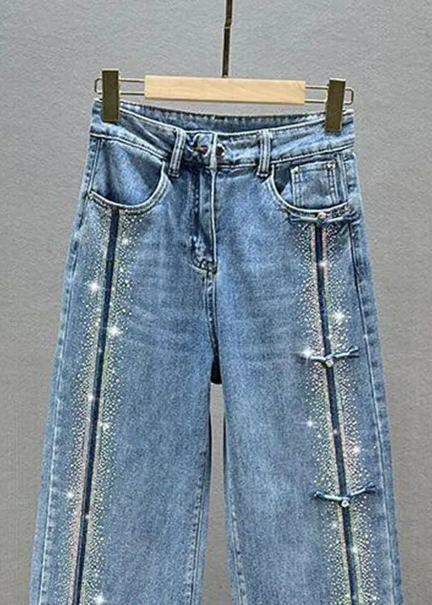 Blue Patchwork Zircon High Waist Wide Leg Jeans Fall