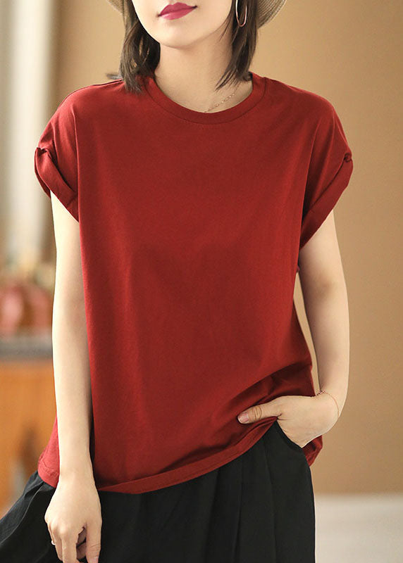 Style Red O-neck Color Cotton Loose Tank Tops Short Sleeve