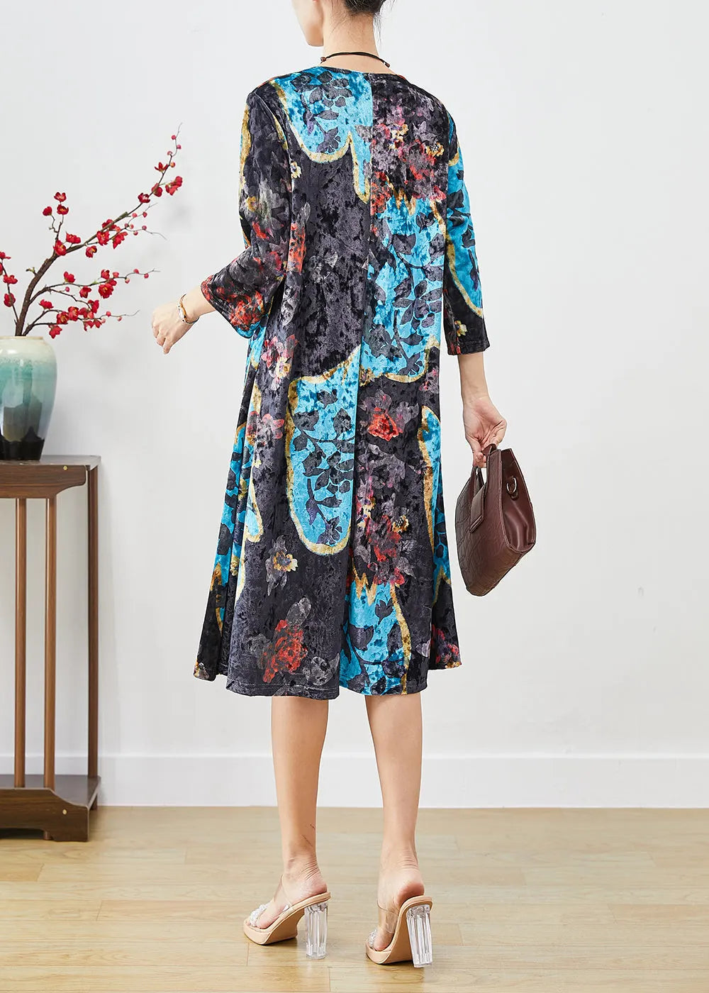 French Black O-neck Print Silk Velour Maxi Dresses Bracelet Sleeve
