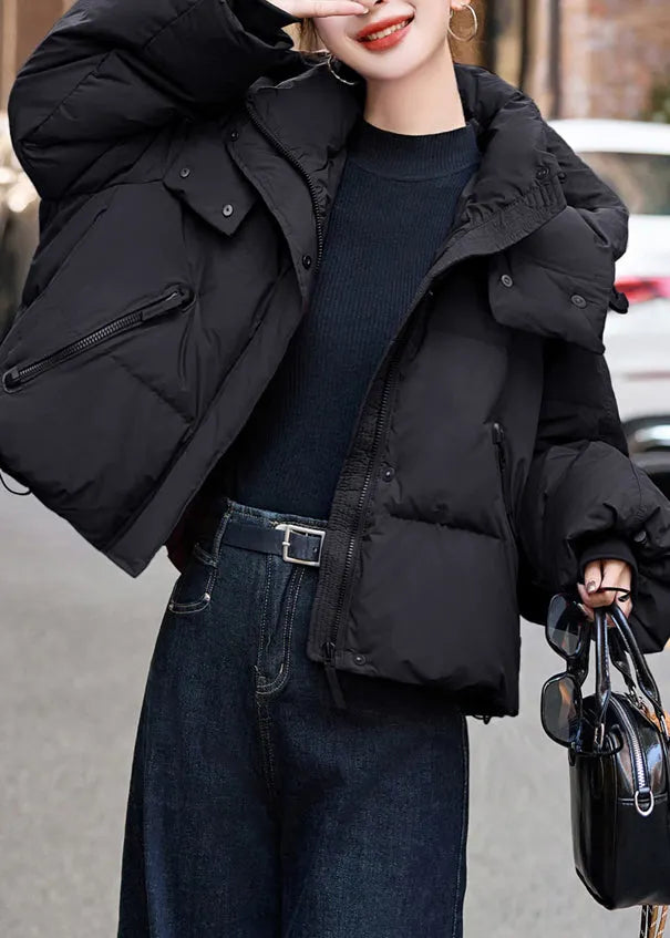 Loose Black Hooded Duck Down Puffer Coat Winter