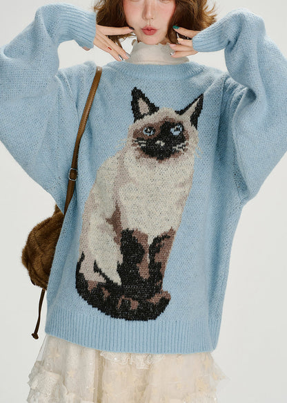 Blue Oversized Dog Jacquard Knit Sweater Tops Winter