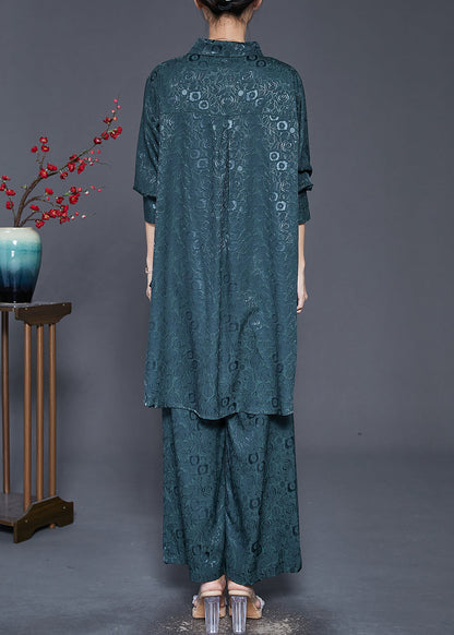 Blackish Green Peter Pan Collar Jacquard Silk Two Pieces Set Fall