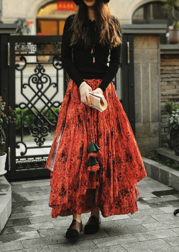 Orange Wrinkled Print Patchwork Cotton Skirt Spring
