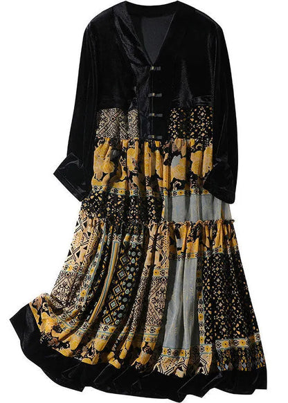 Boutique Black V Neck Patchwork Exra Large Hem Silk Velour Holiday Dress Spring