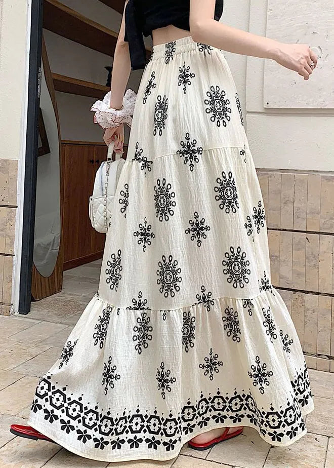 White Patchwork Elastic Waist Maxi Skirts