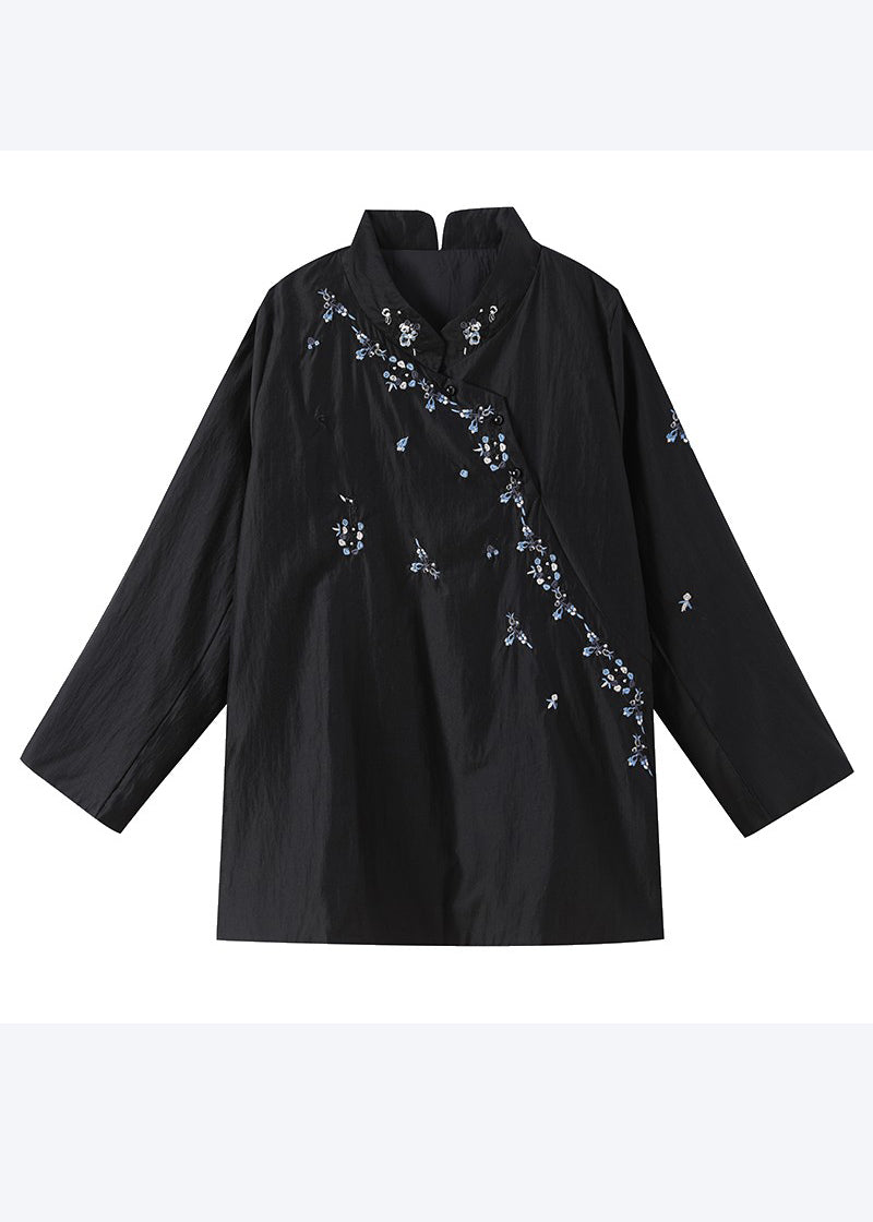 Black Mandarin Collar Embroidered Cotton Tops Fall