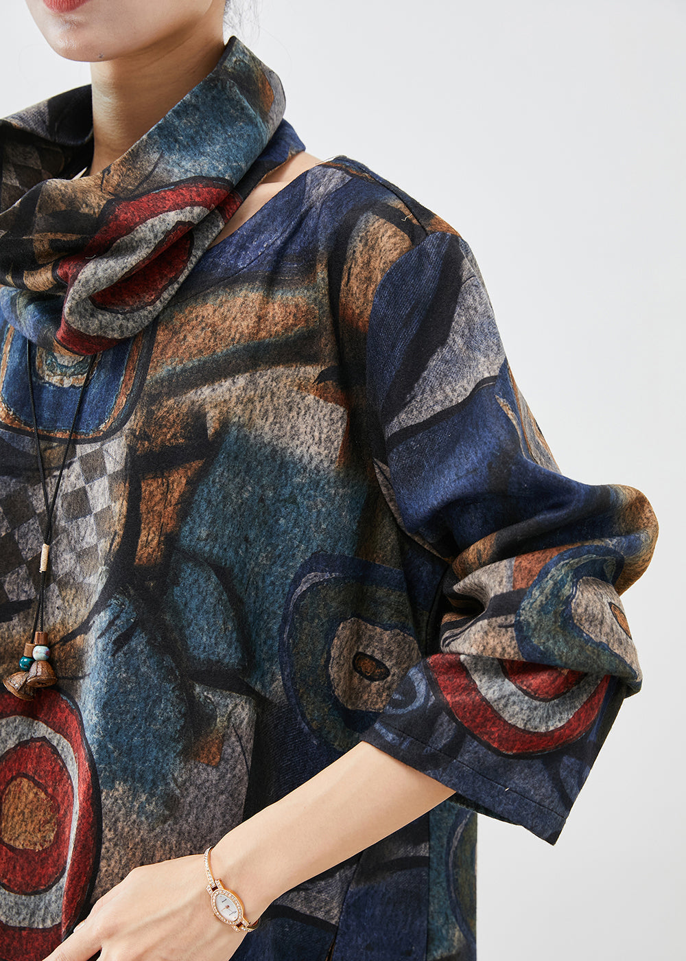 Navy Oversized Print Woolen Dress Two Piece Set Fall