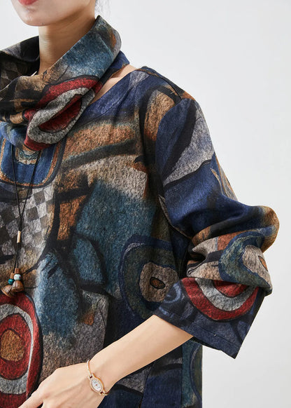 Navy Oversized Print Woolen Dress Two Piece Set Fall