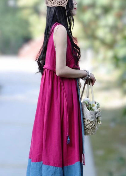 Rose V Neck Patchwork Linen Dresses Sleeveless