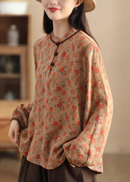 Green Patchwork Button Linen Shirts Long Sleeve